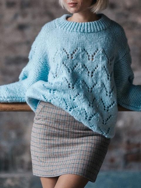 Hollow Out Knit Crew Neck Sweater-Pinkami