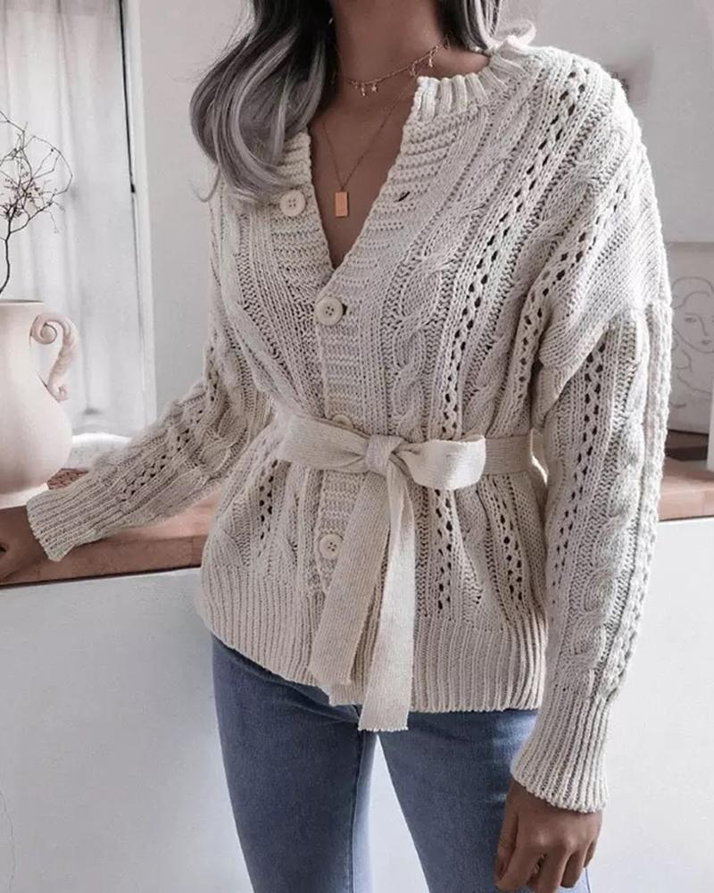 Solid Cable Knit Button Up Self-Tie Sweater-Pinkami