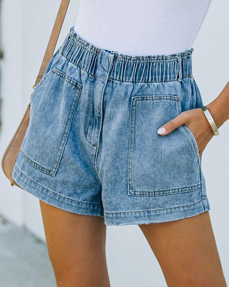 Women Slant Pocket Zipper Front Denim Shorts-Pinkami