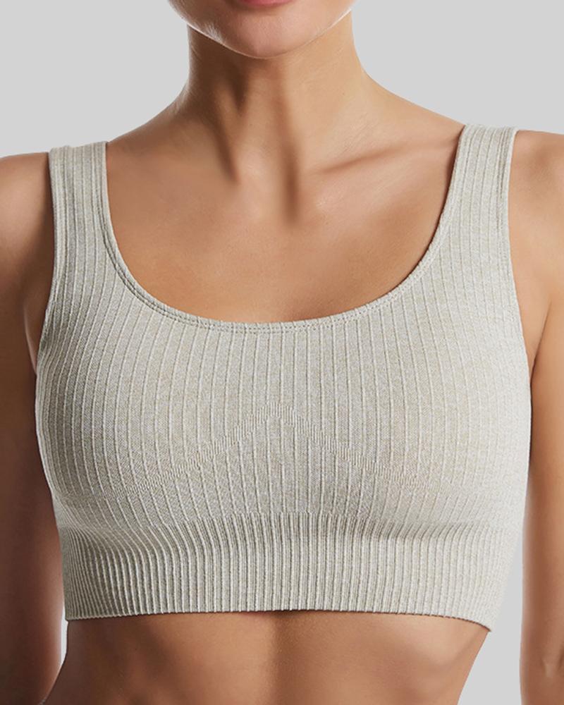 Rib-Knit Scoop Neck Cutout Back Sports Bra-Pinkami