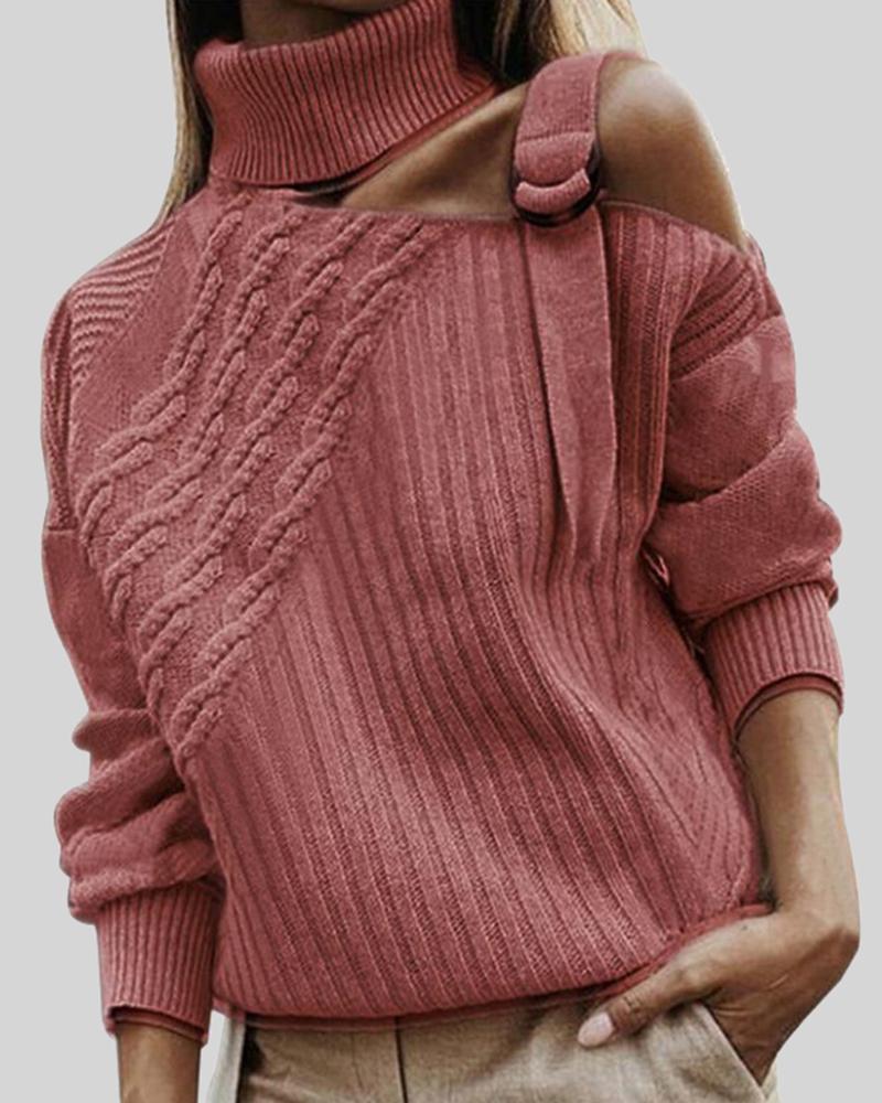Turtleneck Mixed Knit Buckle Decor Cutout Sweater-Pinkami