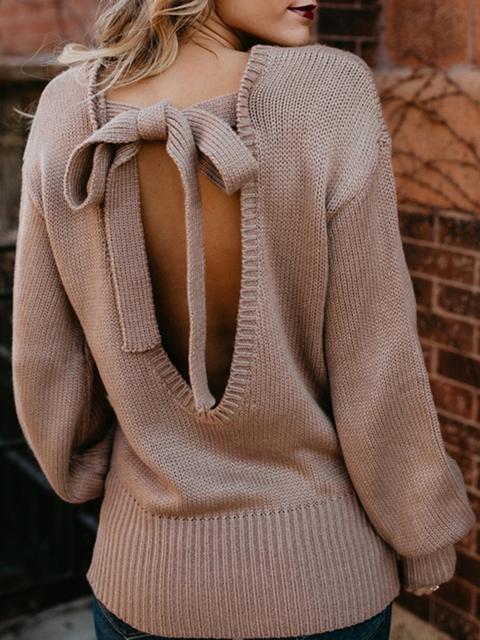 Back Straps Solid Color Knitted Lightweight Sweater-Pinkami