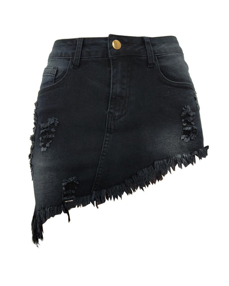 Women Ripped Raw Edge Asymmetrical Hem Denim Skirt-Pinkami