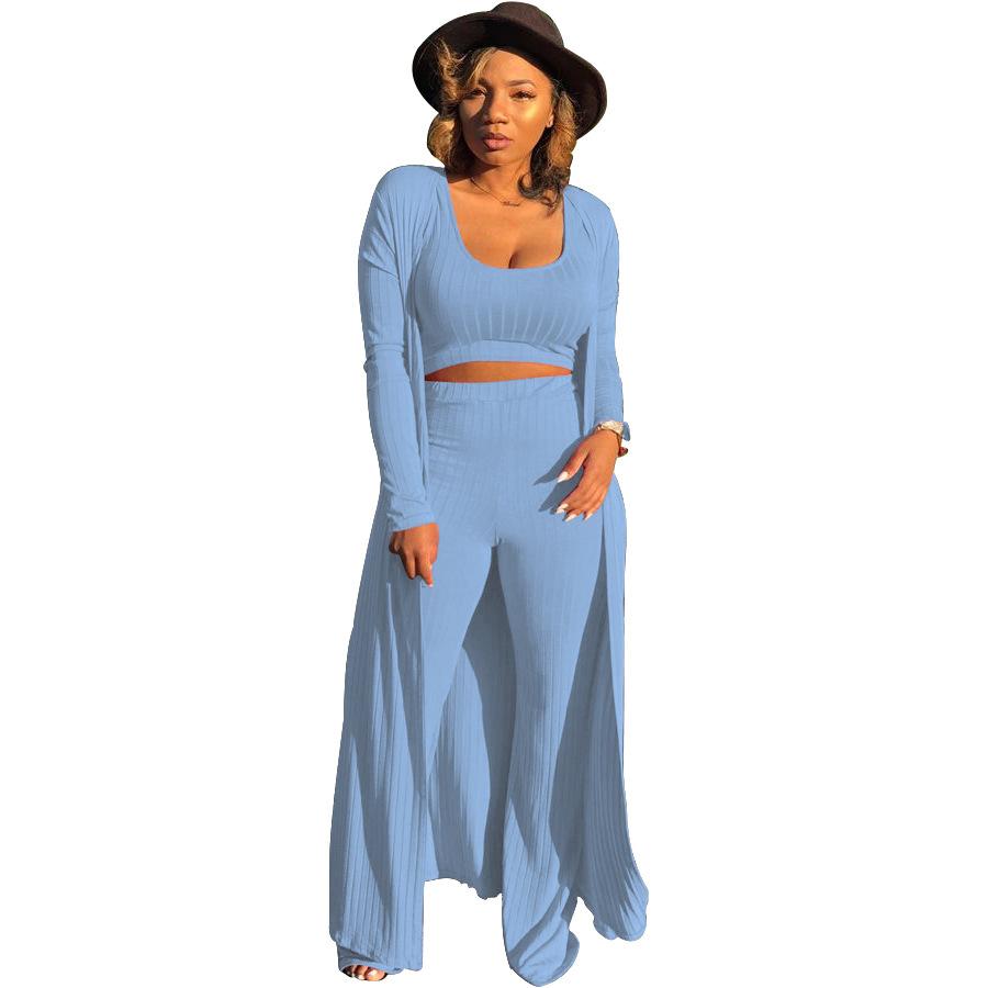 Scoop Neck Ribbed Wide Leg Cardigan & Top & Pants Set