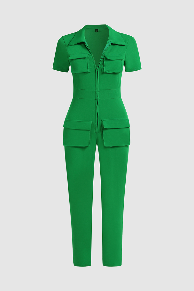 Patched Flap Pocket Zip Front Casual Jumpsuit