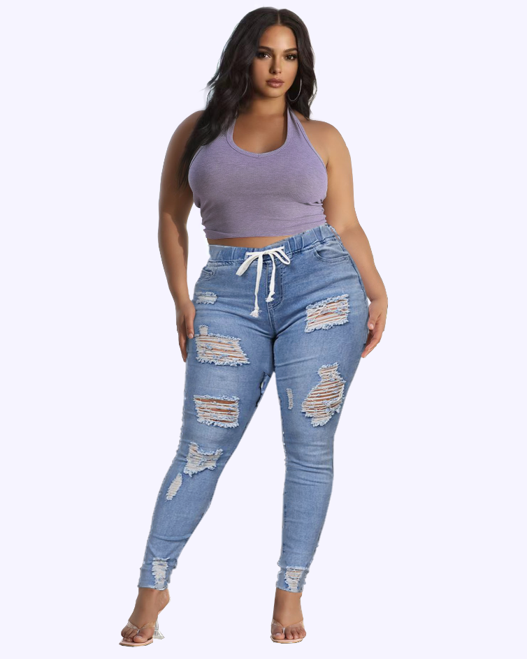 Women Plus Extreme Distressed Drawstring Waist Jeans-Pinkami