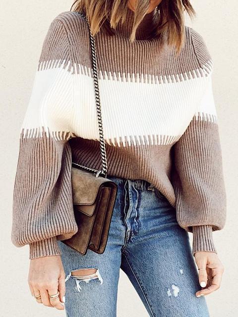 Casual Lantern Sleeve Knitted Sweater Pullover-Pinkami