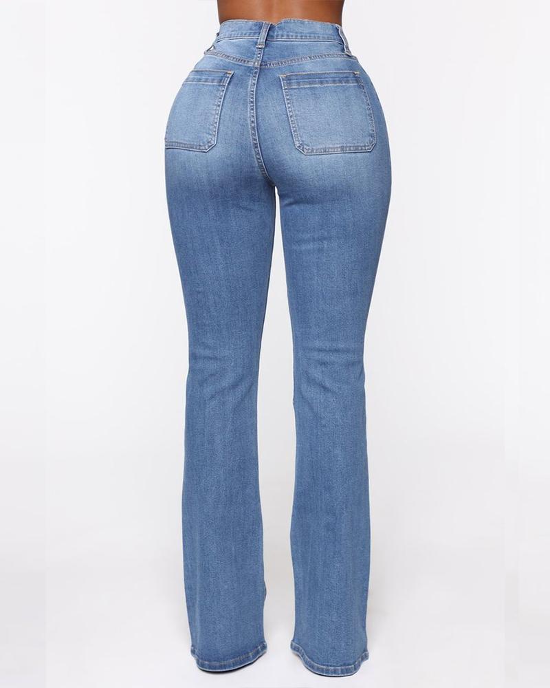 Women Button Fly Booty Shaping High Waist Flare Jeans-Pinkami