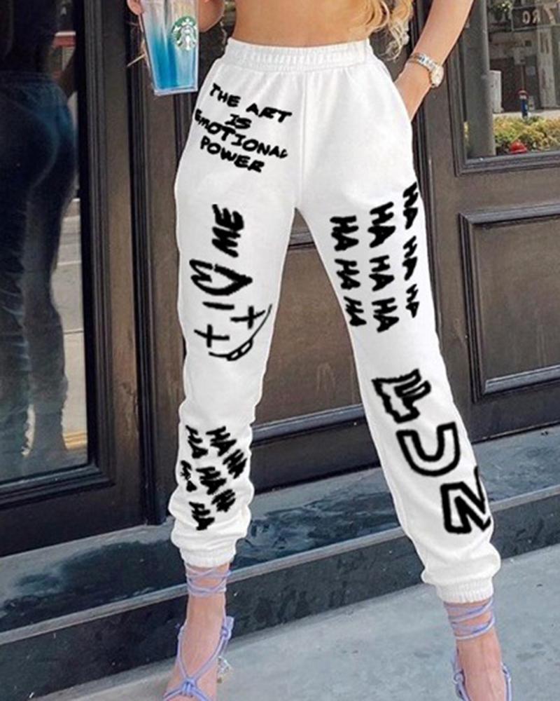 Letter & Heart Print Slant Pocket Elastic Waist Sports Pants For Women-Pinkami