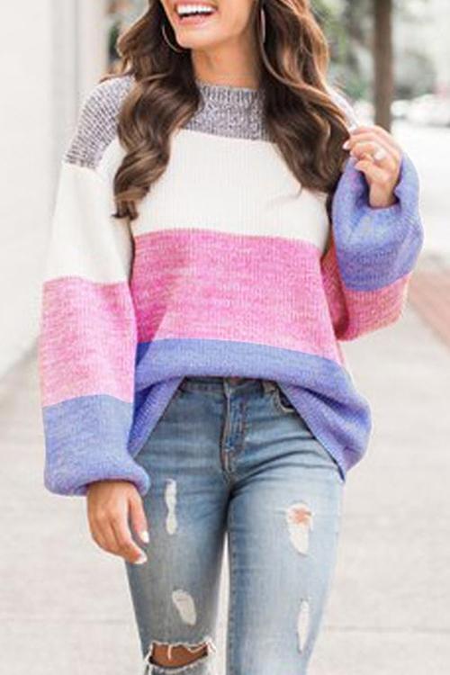 Casual Patchwork Multicolor Sweater-Pinkami