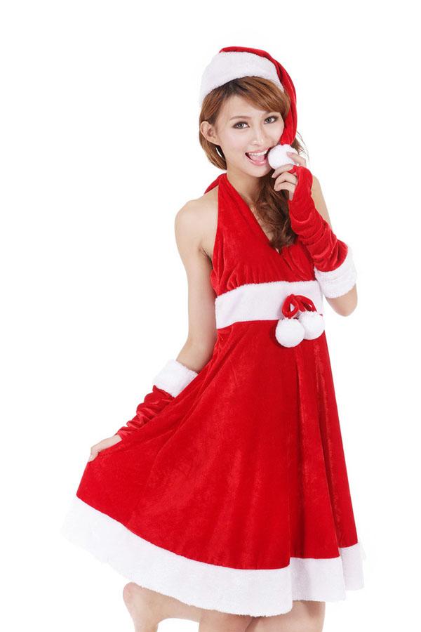 Sexy Red Ball Belt Halter Santa Costume Women-Pinkami