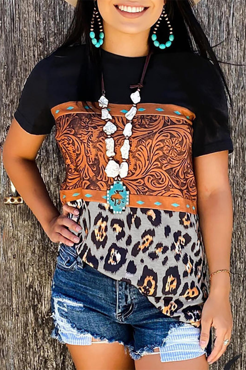 Tribal & Leopard Print Round Neck T-Shirt-Pinkami