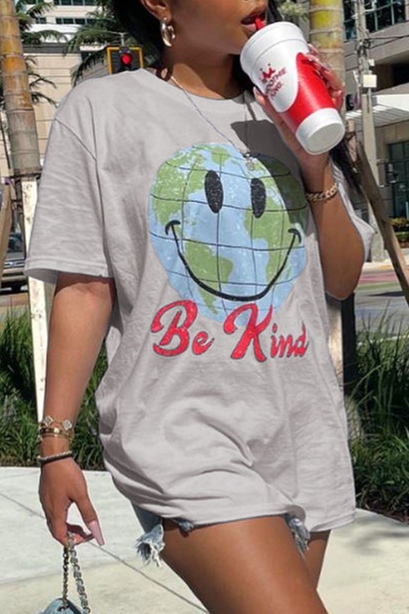 Smile Face & Letter Print Round Neck T-Shirt-Pinkami