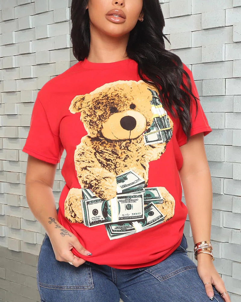 Bear & Dollar Print Round Neck T-Shirt-Pinkami