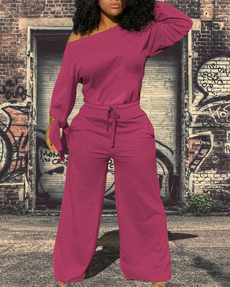 Drawstring Waist Asymmetrical Boat Neck Casual Two Piece Set-Pinkami