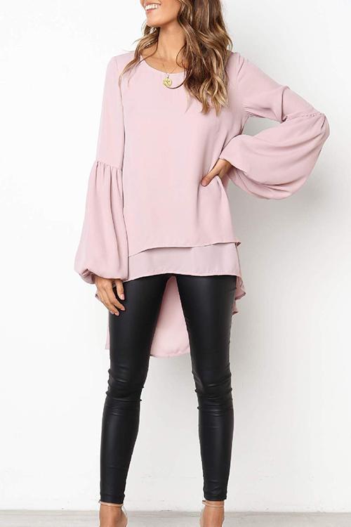 Puff Sleeve Lrregular Hem Solid Color Long Sleeve T-Shirt-Pinkami