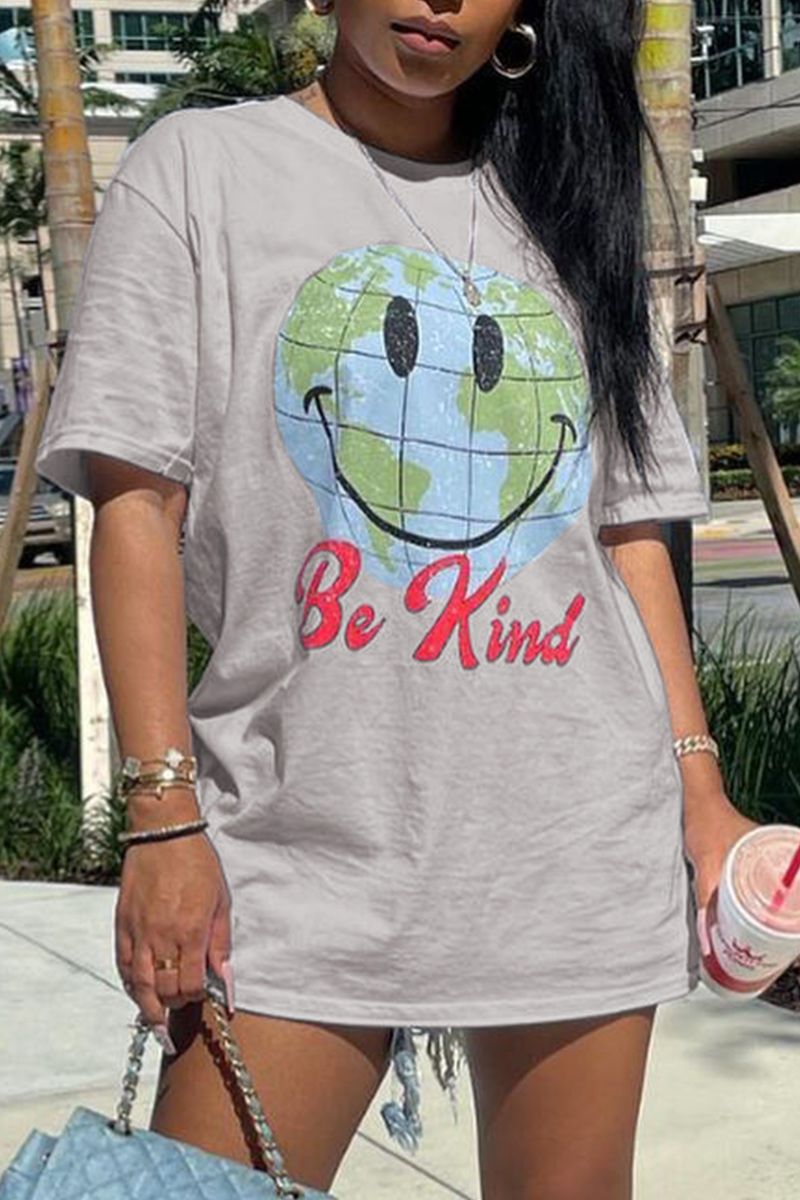 Smile Face & Letter Print Round Neck T-Shirt-Pinkami