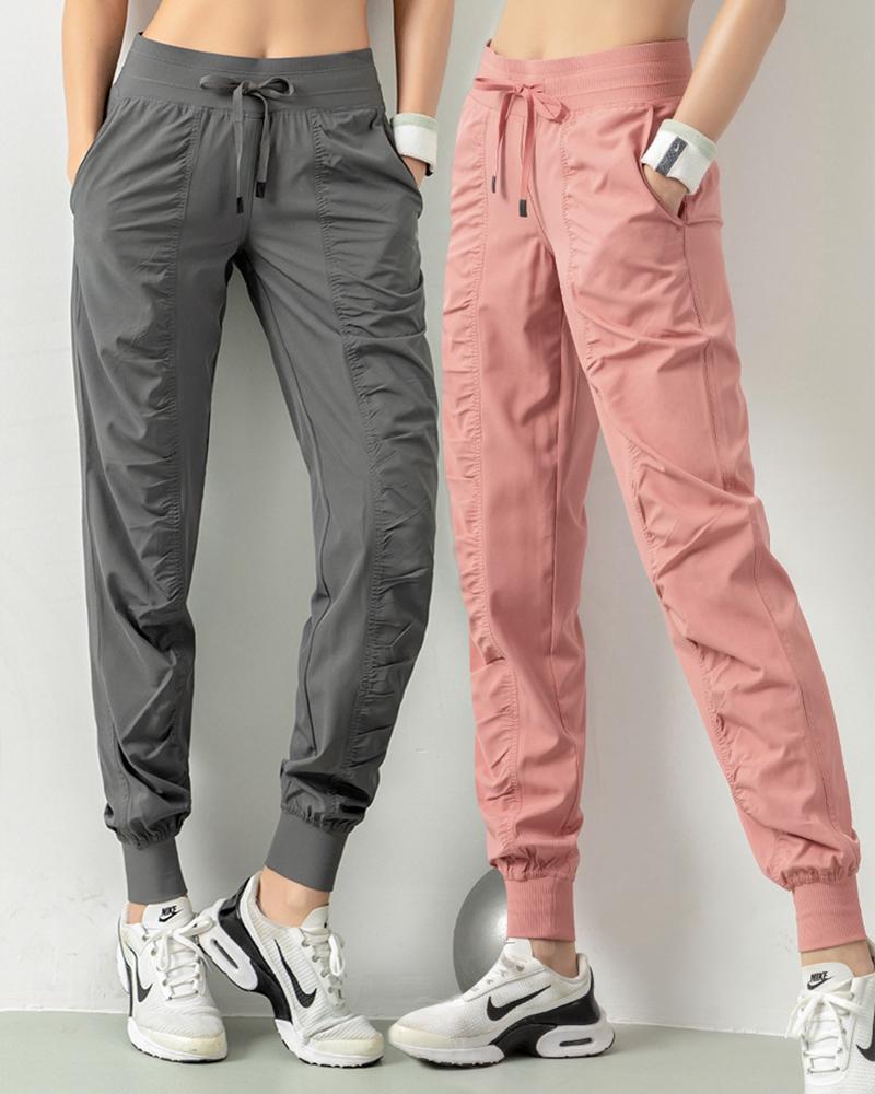 Quick Dry Drawstring Waist Ruched Front Sports Pants For Women-Pinkami