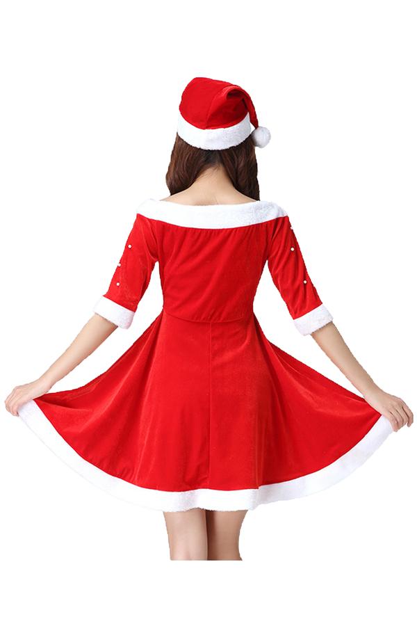 Cute Pearls Santa Dress Christmas Costume For Women Red-Pinkami