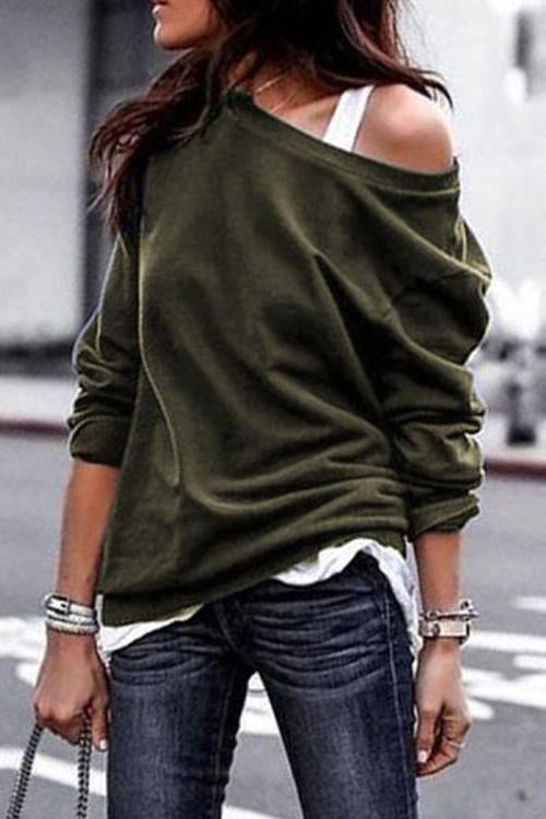 Fashion Long Sleeves One Shoulder T-Shirt-Pinkami