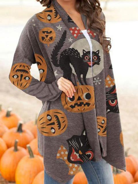 Halloween Animal Cat Pumpkin Print Cardigan-Pinkami