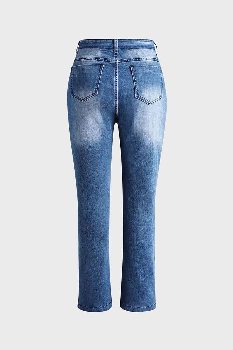 Split Hem Ripped Pocket Detail High Waist Flare Jeans-Pinkami