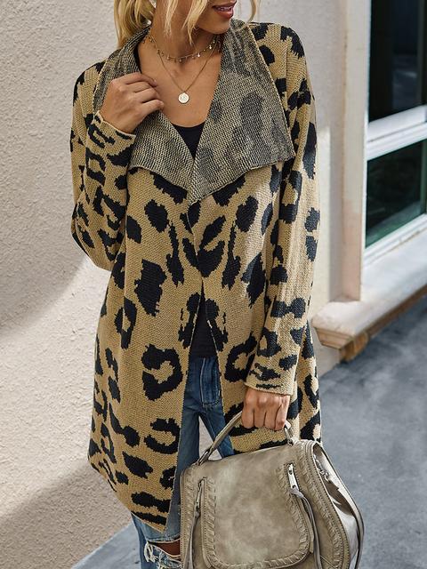 Leopard Long Sleeve Lapel Sweaters Coat-Pinkami