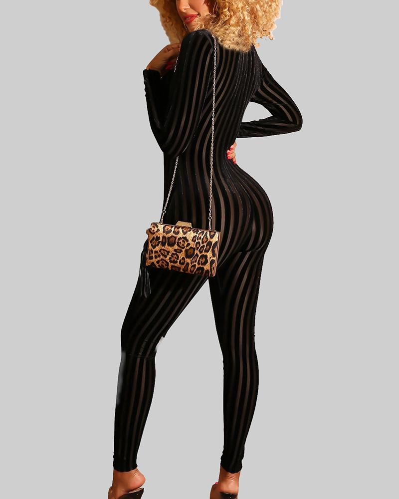 Chevron Pattern Mesh Insert Zip Up Casual Jumpsuit