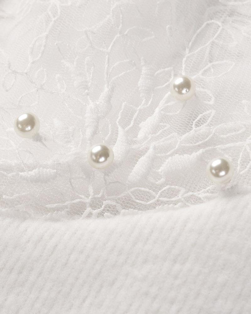 Floral Lace Beaded Decor Frill Trim Sweater-Pinkami