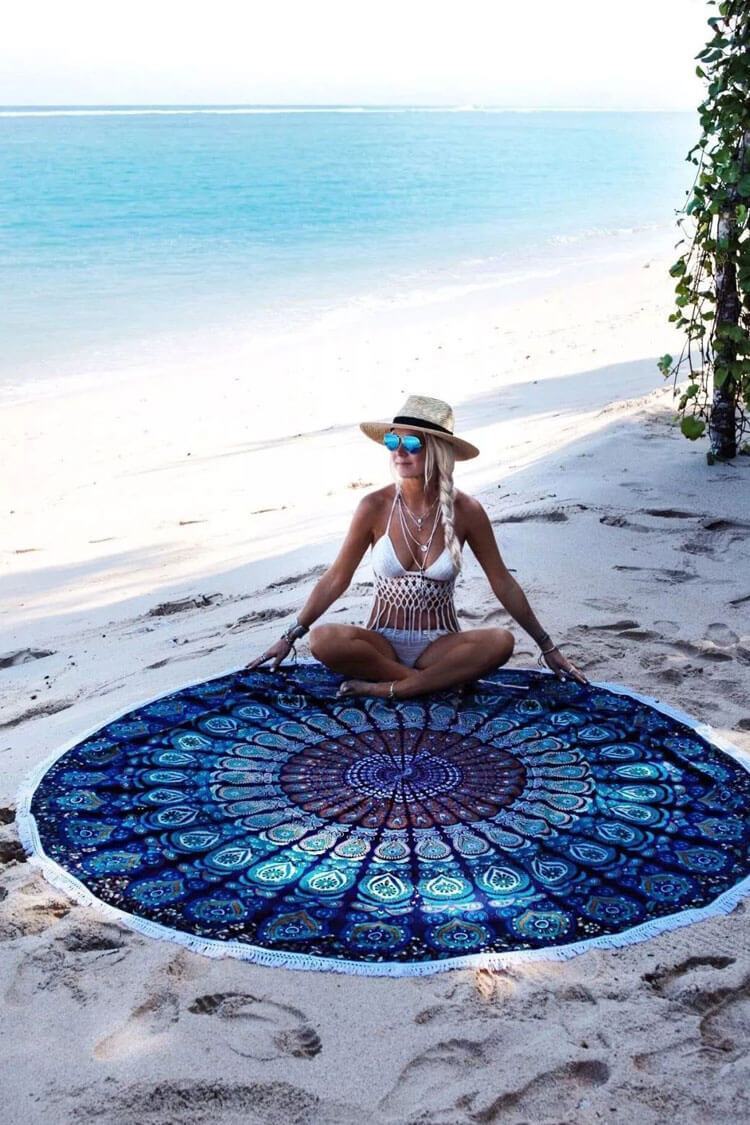 Fluffy Boho Floral Tassel Trim Beach Towel-Pinkami