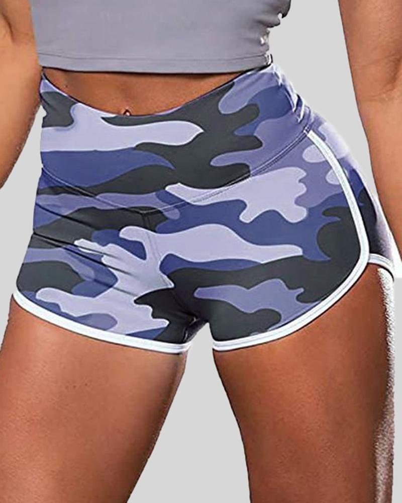 Allover Print Contrast Binding High Waist Sports Shorts-Pinkami