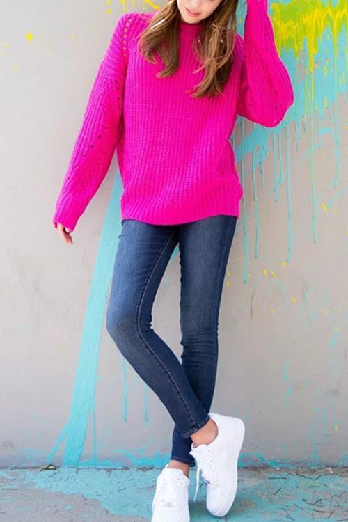 Round Neck Pullover Openwork Sweater-Pinkami