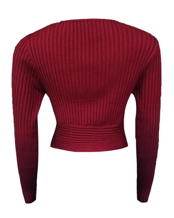 Solid Overlap Rib-Knit V Neck Sweater-Pinkami