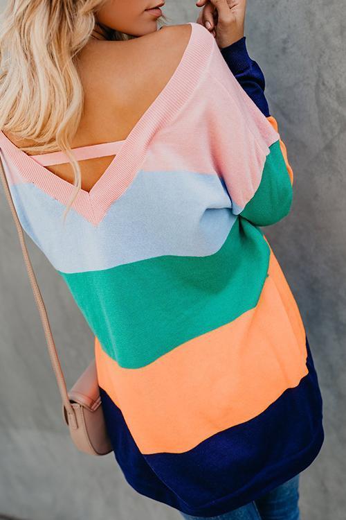 Striped Color Matching V-neck Sweater-Pinkami