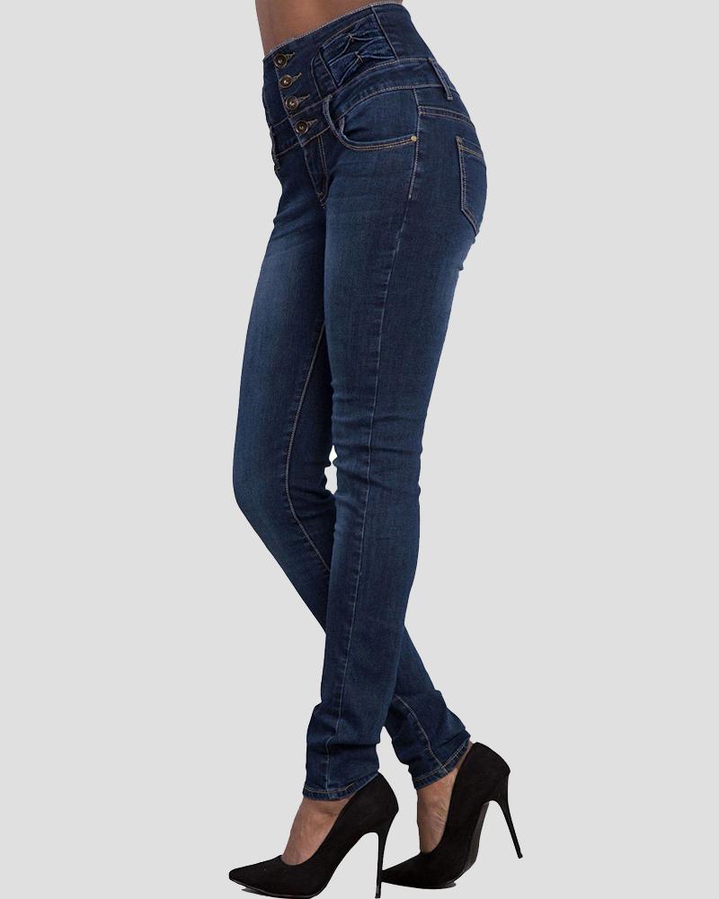 Women Button Front High Waist Skinny Jeans-Pinkami