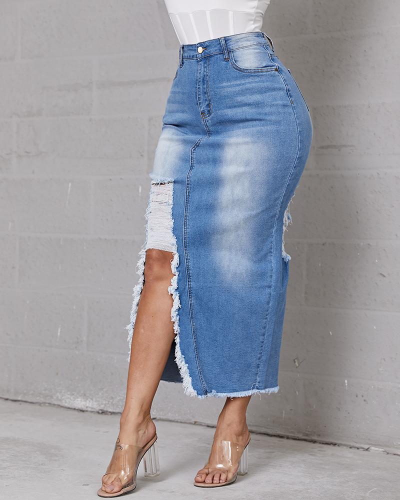 Women Split Side Raw Hem High Waist Denim Skirt-Pinkami