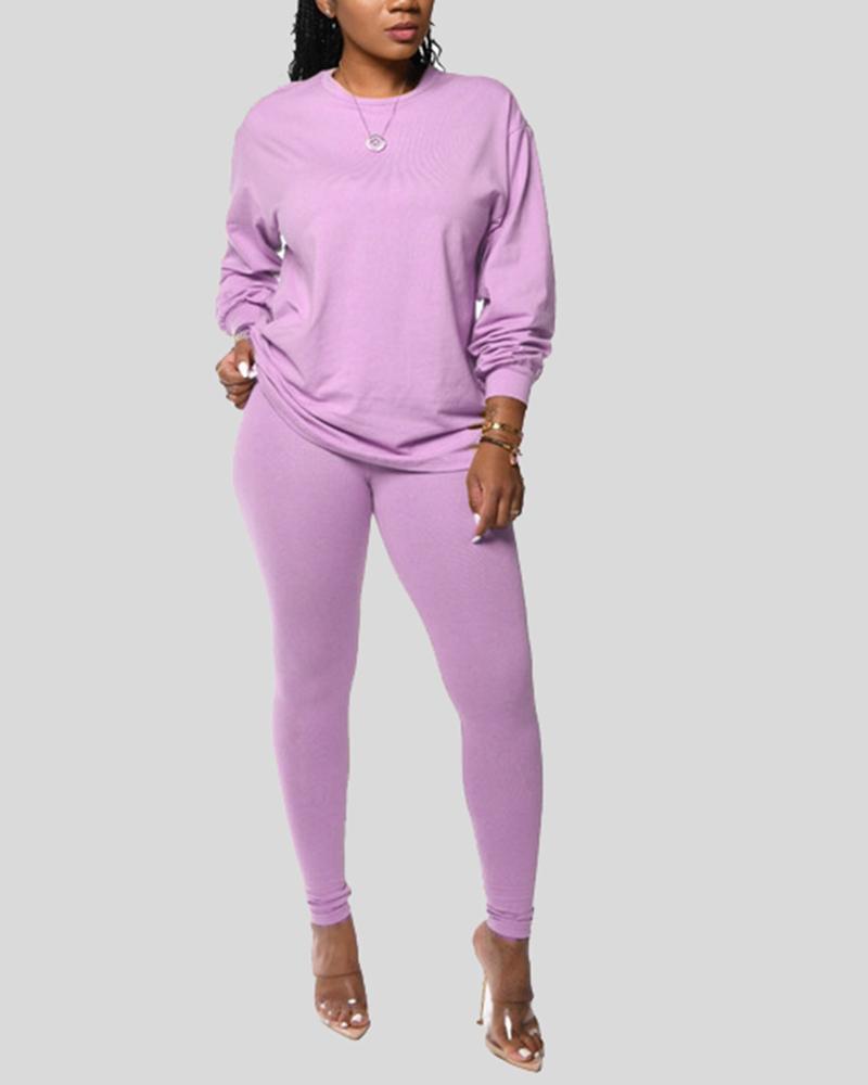 Solid Round Neck Tee & Pants Set-Pinkami