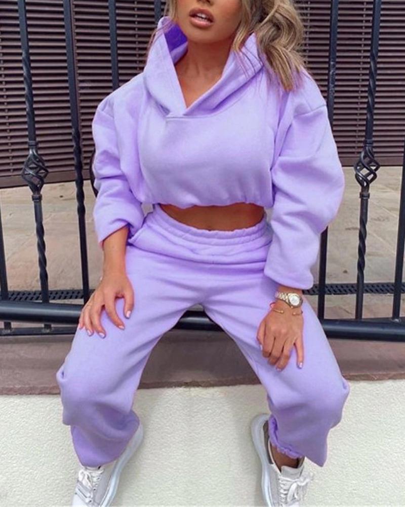 Solid Drawstring Elastic Hem Hooded Top & Pants Set-Pinkami