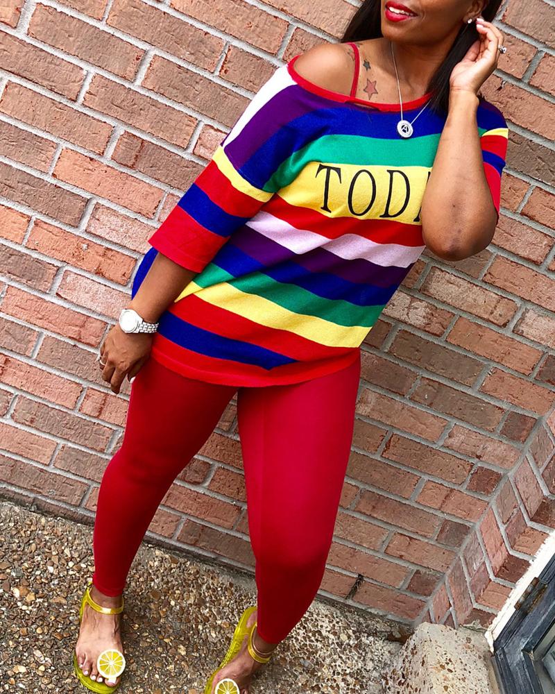 Letter Print & Rainbow Striped Short Sleeve Top & Pants Set-Pinkami