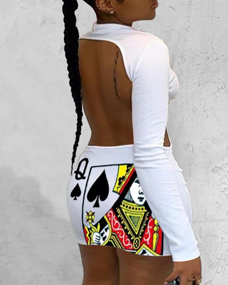Poker Print Backless Bodycon Dress
