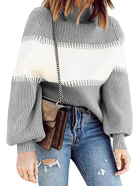 Casual Lantern Sleeve Knitted Sweater Pullover-Pinkami