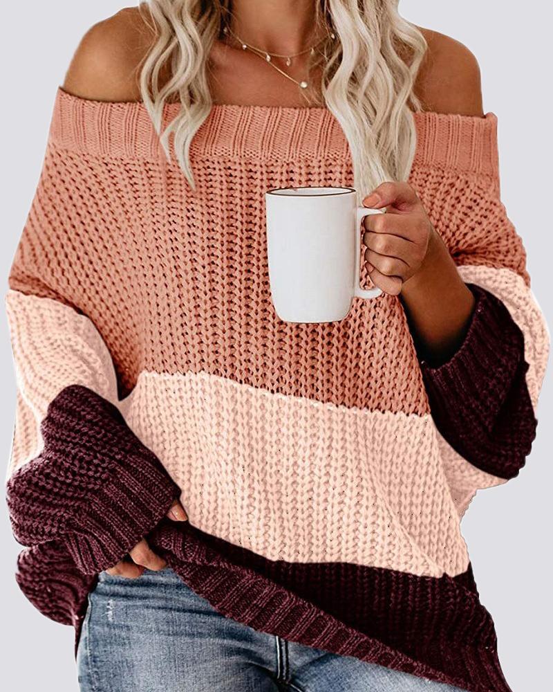 Colorblock Chunky Knit Boat Neck Sweater-Pinkami