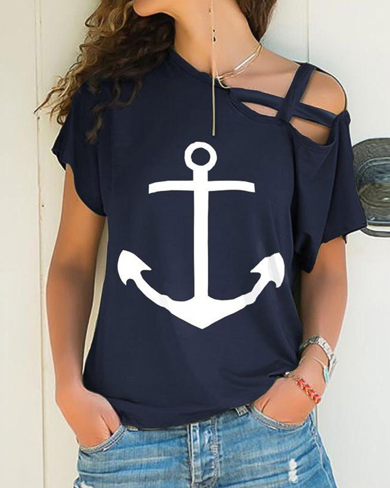 Sign Print Criss Cross Asymmetrical Neck T-Shirt-Pinkami