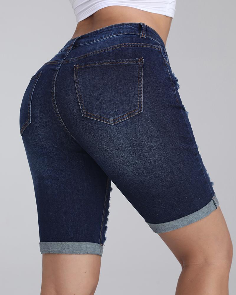 Women Ripped Zip Fly Pocket Detail Rolled Cuff Demin Shorts-Pinkami