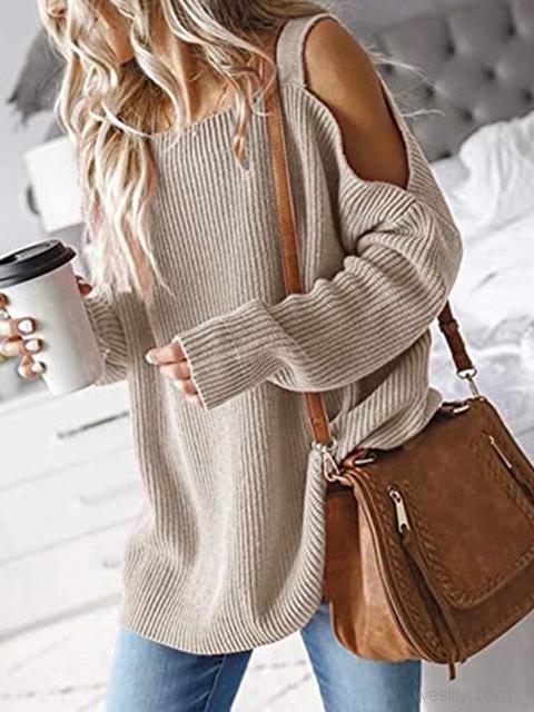Solid Color Cold shoulder Knit Sweater-Pinkami