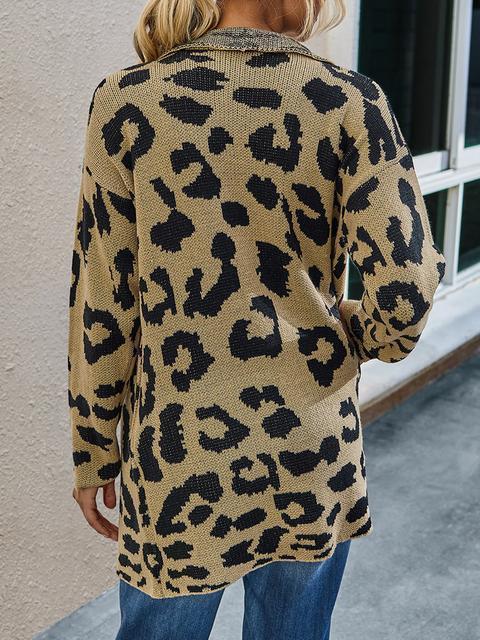 Leopard Long Sleeve Lapel Sweaters Coat-Pinkami