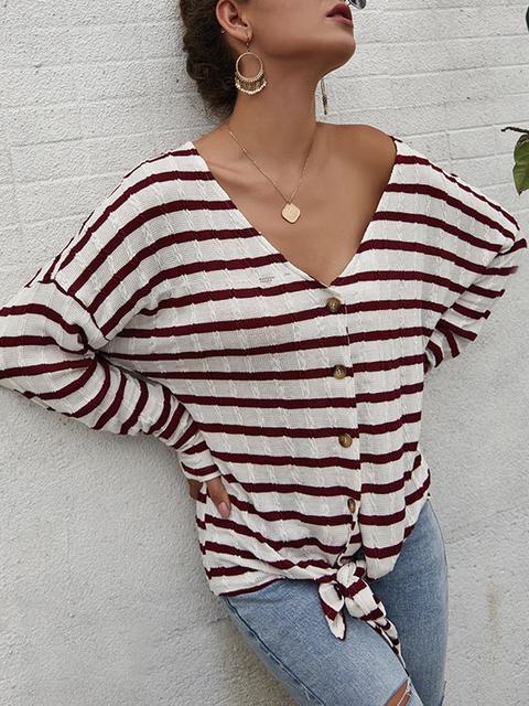 Striped Pattern Button Strap Knit Cardigan-Pinkami