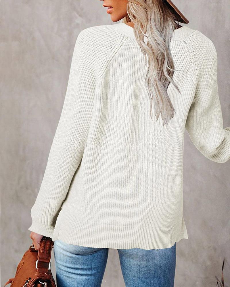 Solid Button Half Chunky Knit V Neck Sweater-Pinkami