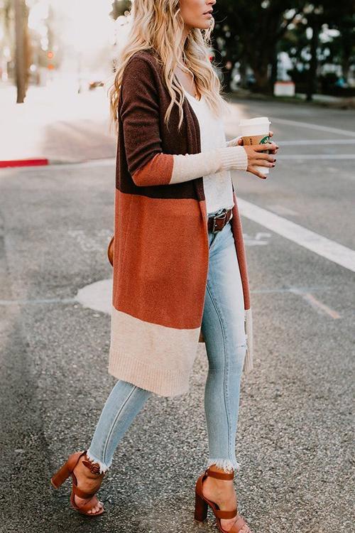 Splicing Contrast Cardigan-Pinkami