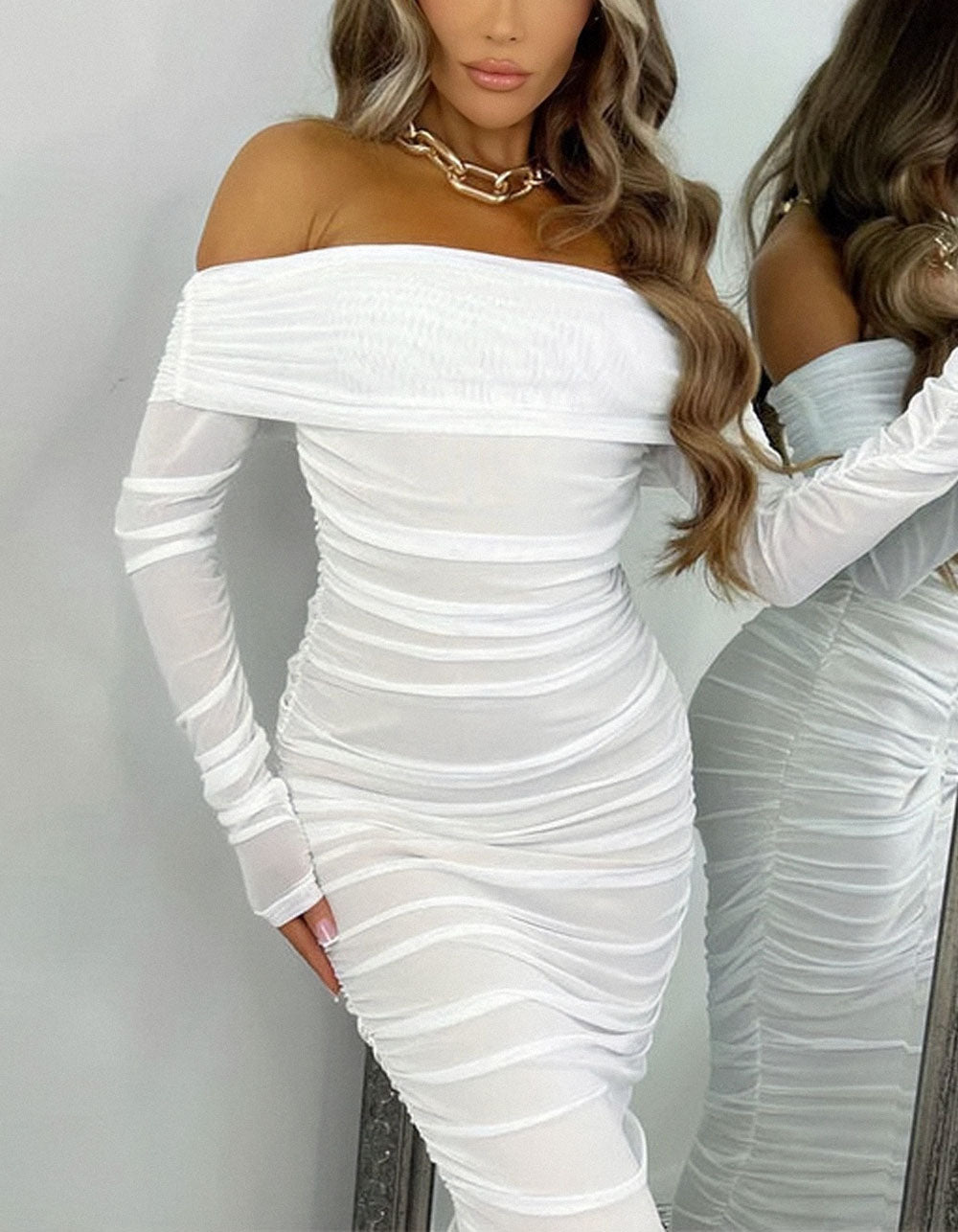 Solid-color Off The Shoulder Slim Long Sleeve Ruched Party Long Bodycon Dresses